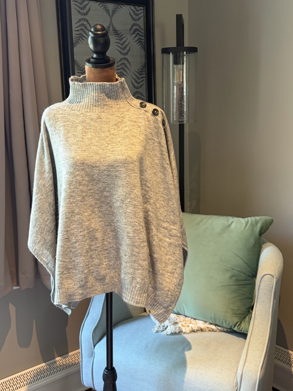 Loft Women’s Heather Gray Button-Shoulder Mock Neck Sweater